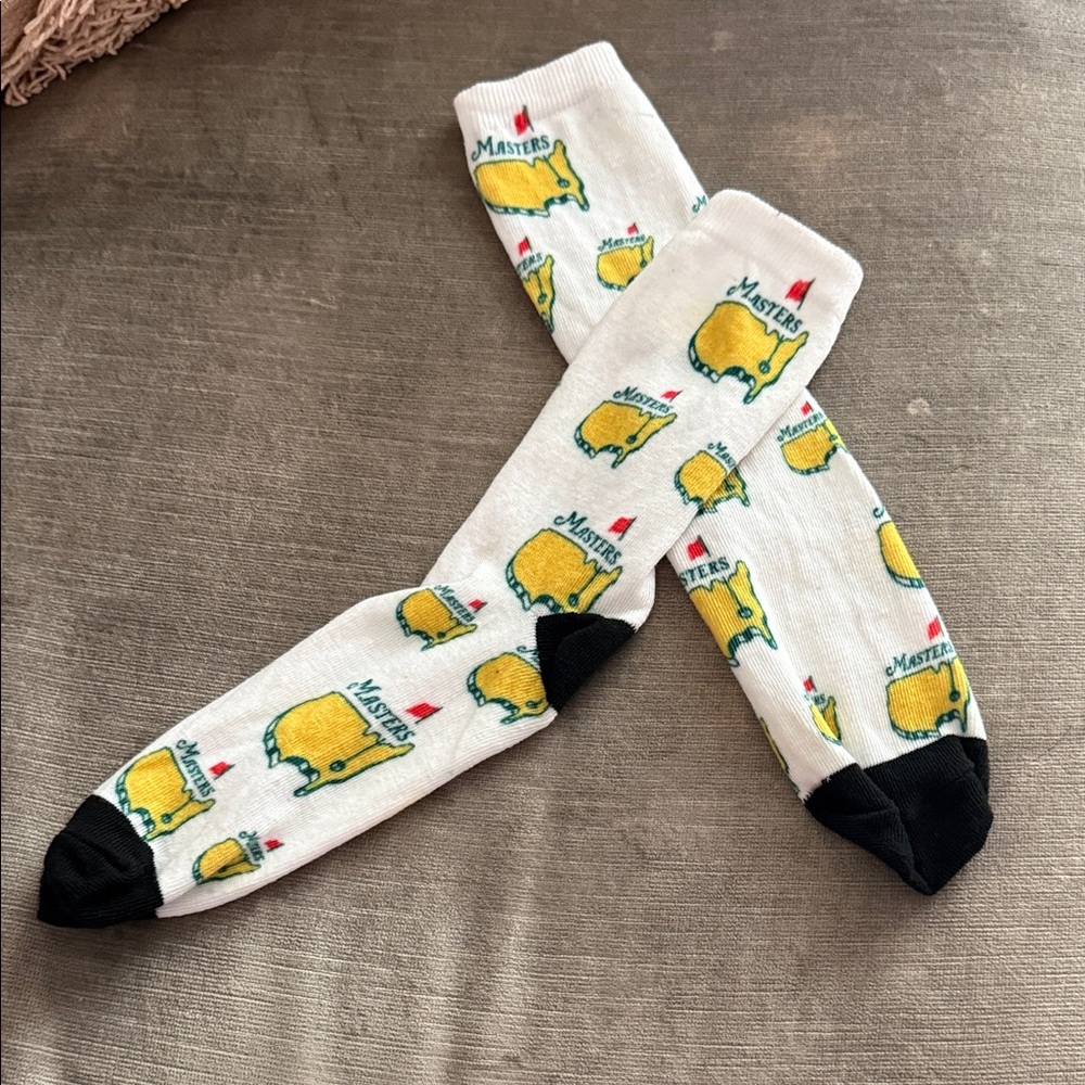 New Masters White Crew Socks with Yellow Logo Pattern and Black Accents/ Men’s L